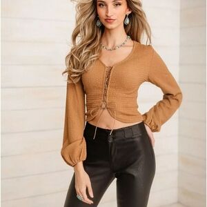 STERLING STITCH The Buckle Brown Textured Cropped Lace‑Up Top • Small Y2K Grunge